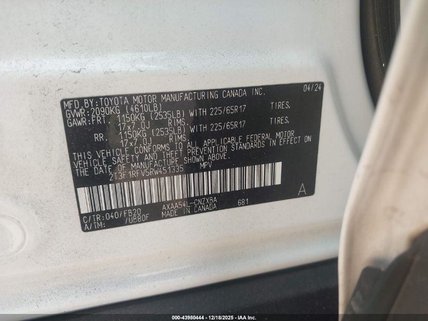 2024 Toyota Rav4 Le VIN: 2T3F1RFV5RW451335 Lot: 43980444