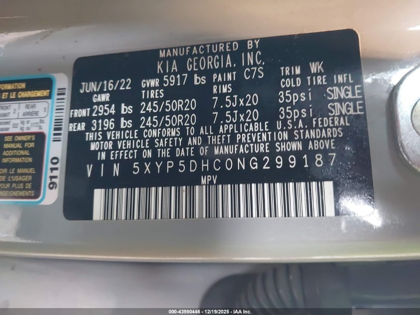 2022 Kia Telluride Sx VIN: 5XYP5DHC0NG299187 Lot: 43980446