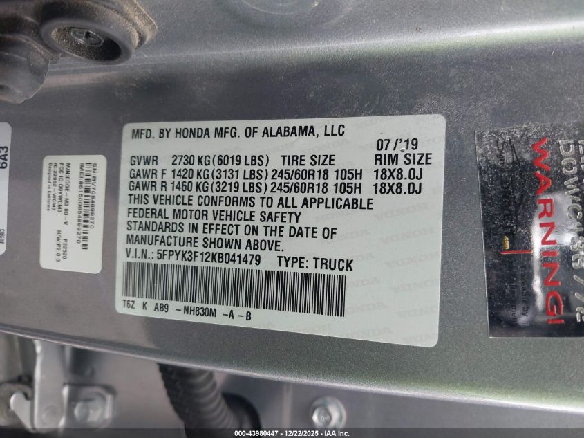 2019 Honda Ridgeline Sport VIN: 5FPYK3F12KB041479 Lot: 43980447
