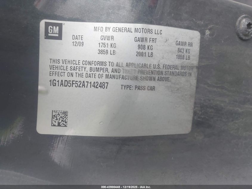 2010 Chevrolet Cobalt Lt VIN: 1G1AD5F52A7142487 Lot: 43980448