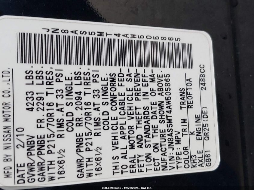 2010 Nissan Rogue S VIN: JN8AS5MT4AW505865 Lot: 43980455