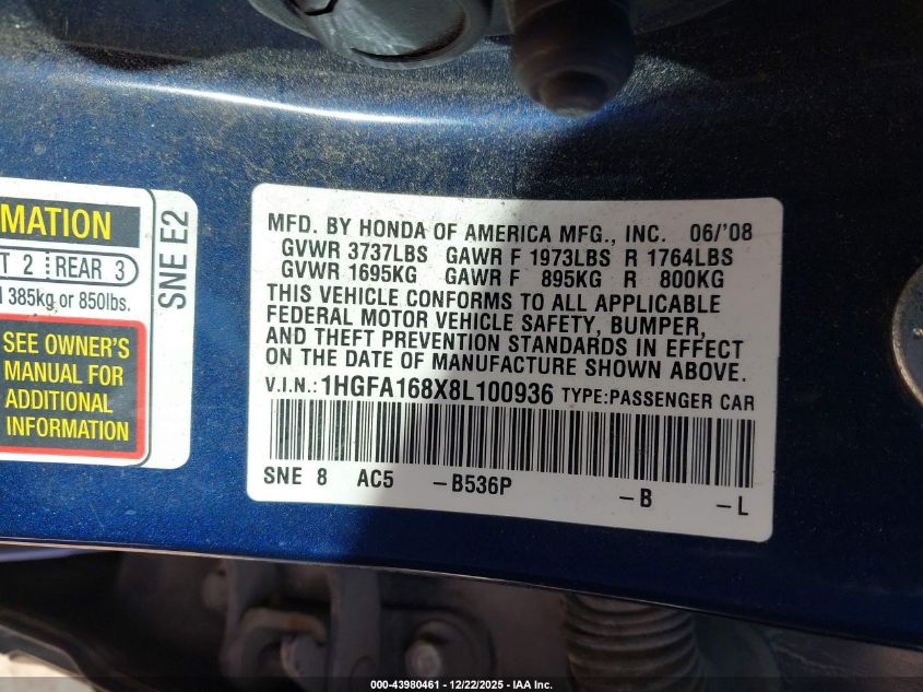 2008 Honda Civic Ex VIN: 1HGFA168X8L100936 Lot: 43980461