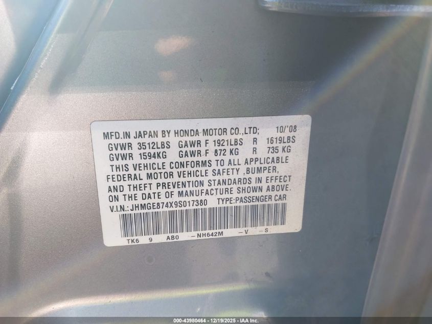 2009 Honda Fit Sport VIN: JHMGE874X9S017380 Lot: 43980464