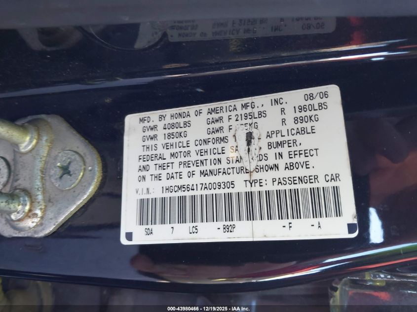 2007 Honda Accord 2.4 Lx VIN: 1HGCM56417A009305 Lot: 43980466