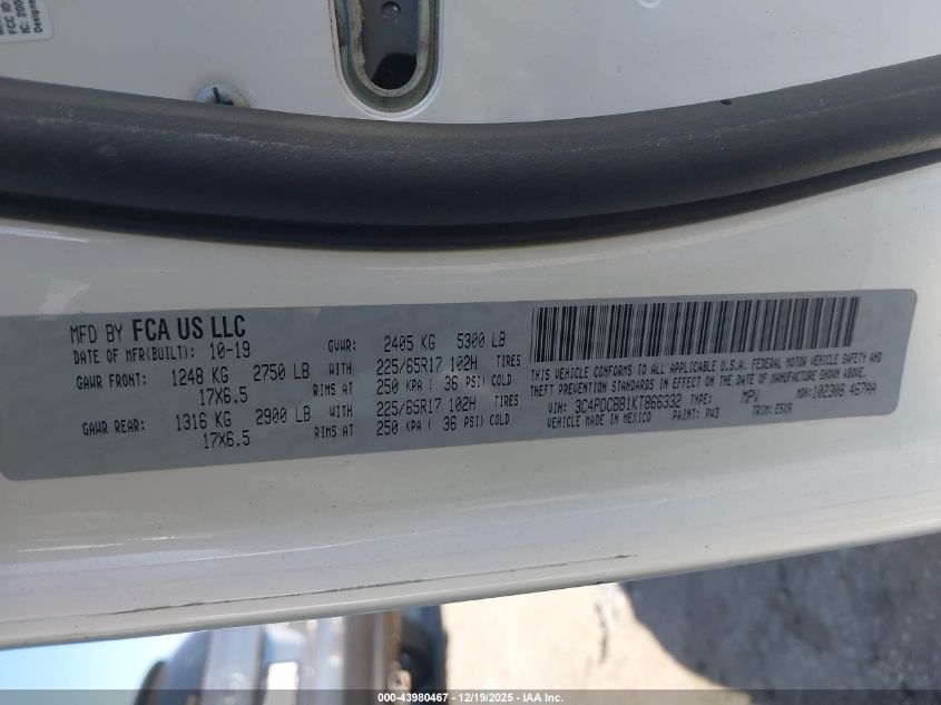 2019 Dodge Journey Se VIN: 3C4PDCBB1KT866332 Lot: 43980467