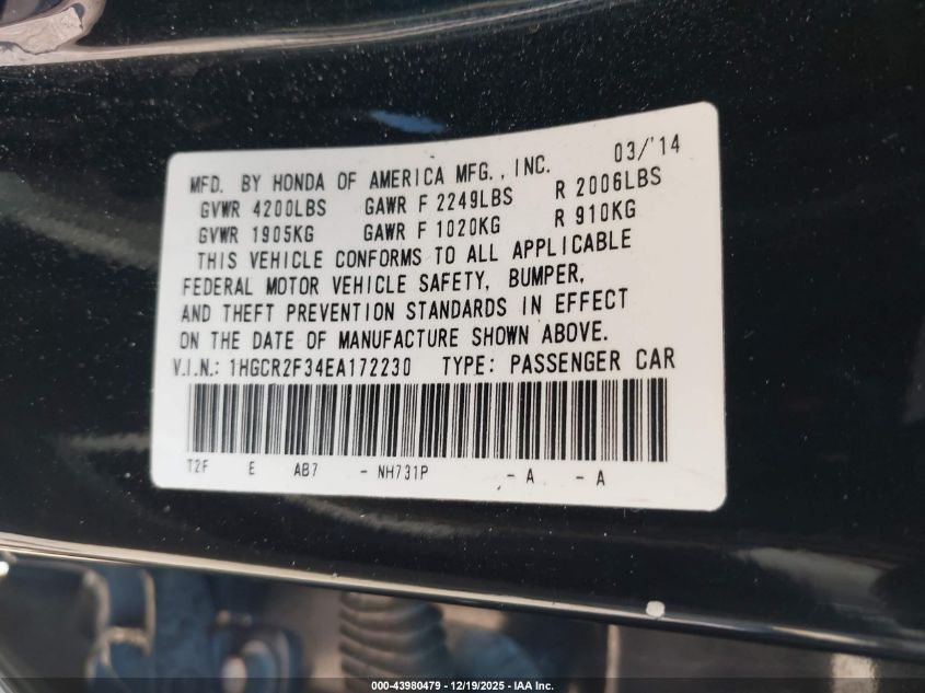 2014 Honda Accord Lx VIN: 1HGCR2F34EA172230 Lot: 43980479