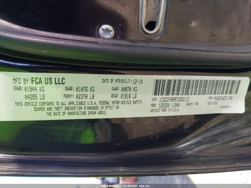 2015 Dodge Dart Sxt VIN: 1C3CDFBB9FD252113 Lot: 43980481