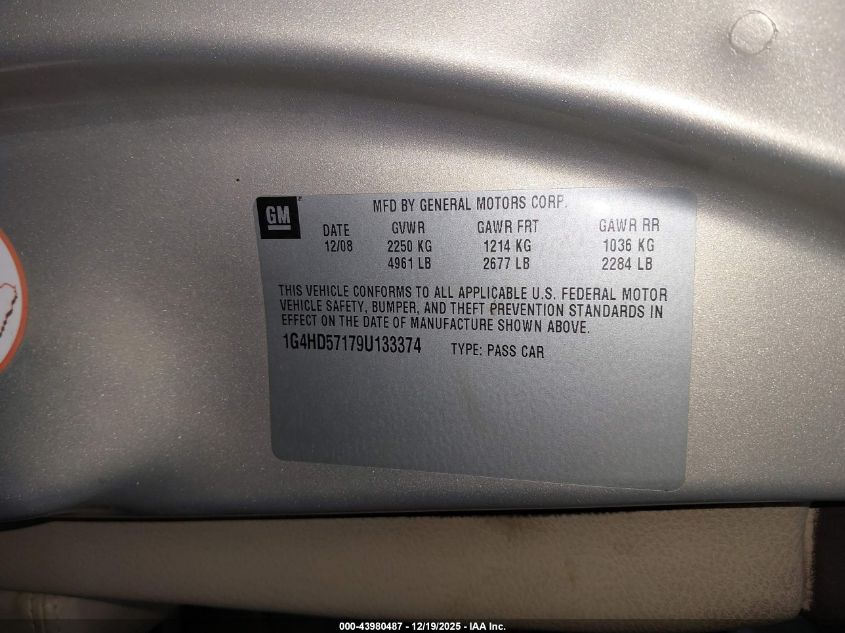 2009 Buick Lucerne Cxl-3 VIN: 1G4HD57179U133374 Lot: 43980487