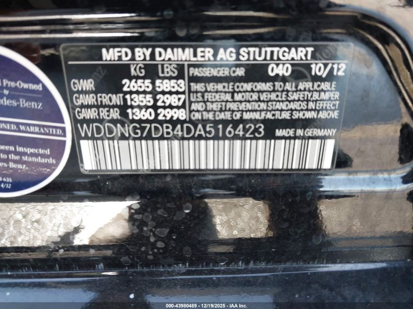2013 Mercedes-Benz S 550 VIN: WDDNG7DB4DA516423 Lot: 43980489