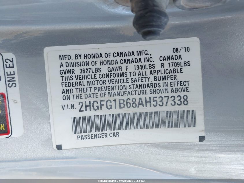 2010 Honda Civic Lx VIN: 2HGFG1B68AH537338 Lot: 43980491