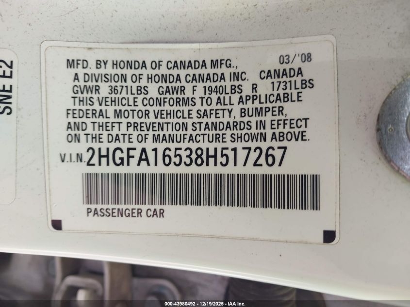 2008 Honda Civic Lx VIN: 2HGFA16538H517267 Lot: 43980492