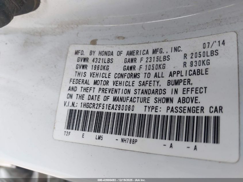 2014 Honda Accord Sport VIN: 1HGCR2F51EA290060 Lot: 43980493