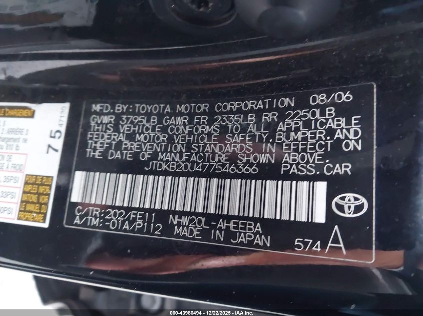 2007 Toyota Prius VIN: JTDKB20U477546366 Lot: 43980494