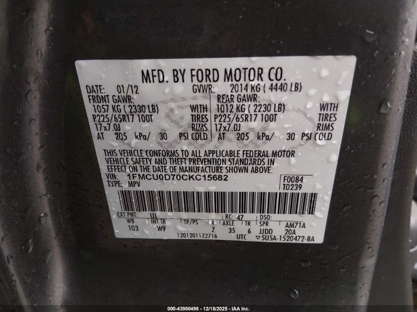 2012 Ford Escape Xlt VIN: 1FMCU0D70CKC15682 Lot: 43980498