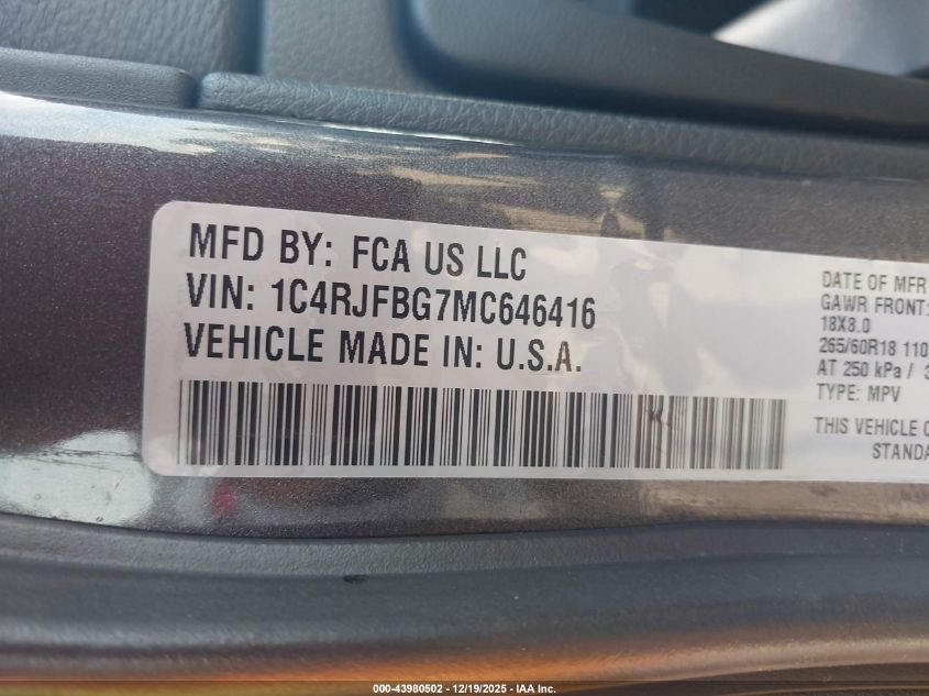 2021 Jeep Grand Cherokee Limited 4X4 VIN: 1C4RJFBG7MC646416 Lot: 43980502