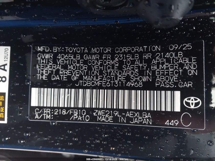 2026 Toyota Corolla Hybrid Hybrid Le VIN: JTDBCMFE6T3114968 Lot: 43980503