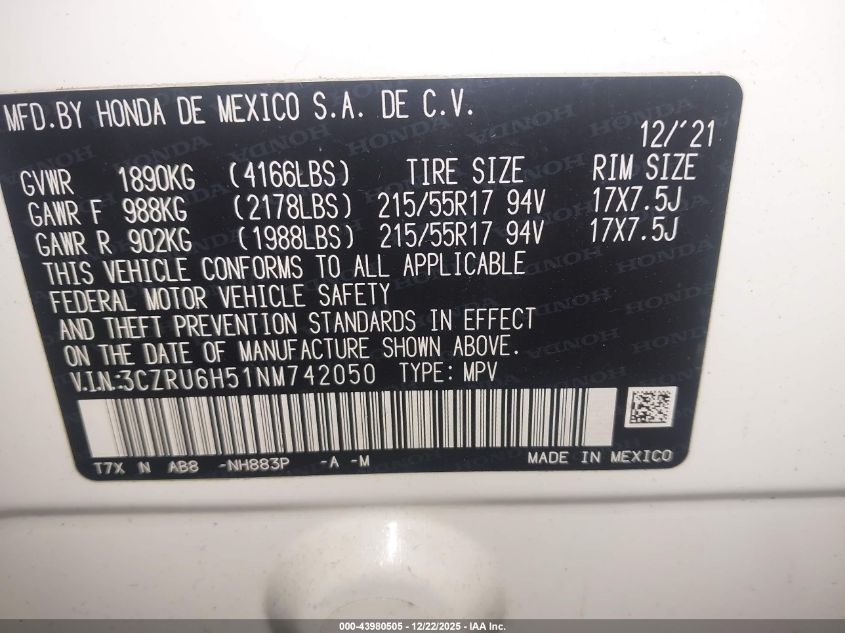 2022 Honda Hr-V Awd Ex VIN: 3CZRU6H51NM742050 Lot: 43980505
