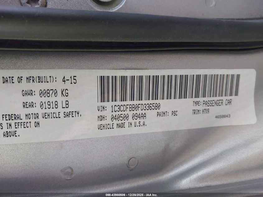 2015 Dodge Dart Sxt VIN: 1C3CDFBB0FD336580 Lot: 43980506