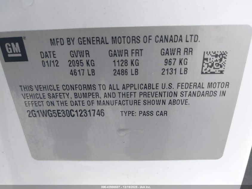 2012 Chevrolet Impala Lt VIN: 2G1WG5E30C1231746 Lot: 43980507