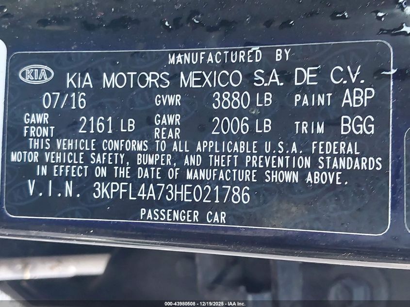 2017 Kia Forte Lx VIN: 3KPFL4A73HE021786 Lot: 43980508
