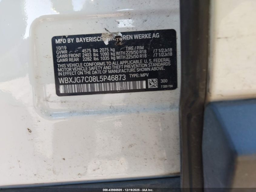 2020 BMW X1 Sdrive28I VIN: WBXJG7C08L5P46873 Lot: 43980509
