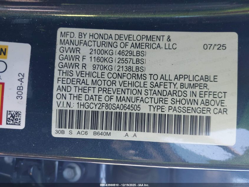 2025 Honda Accord Hybrid Touring VIN: 1HGCY2F80SA064505 Lot: 43980510
