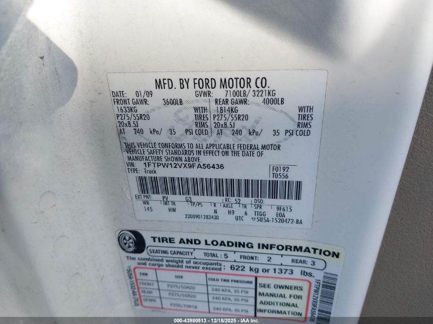 2009 Ford F-150 King Ranch/Lariat/Platinum/Xl/Xlt VIN: 1FTPW12VX9FA56436 Lot: 43980513