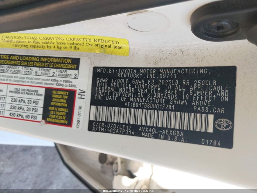 2013 Toyota Avalon Hybrid Xle Touring VIN: 4T1BD1EB8DU017281 Lot: 43980517