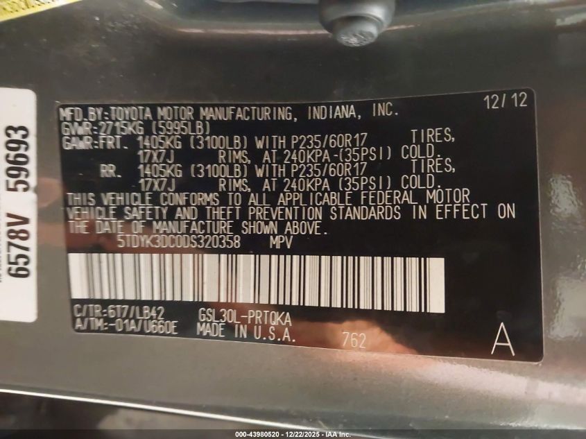 2013 Toyota Sienna Xle V6 8 Passenger VIN: 5TDYK3DC0DS320358 Lot: 43980520