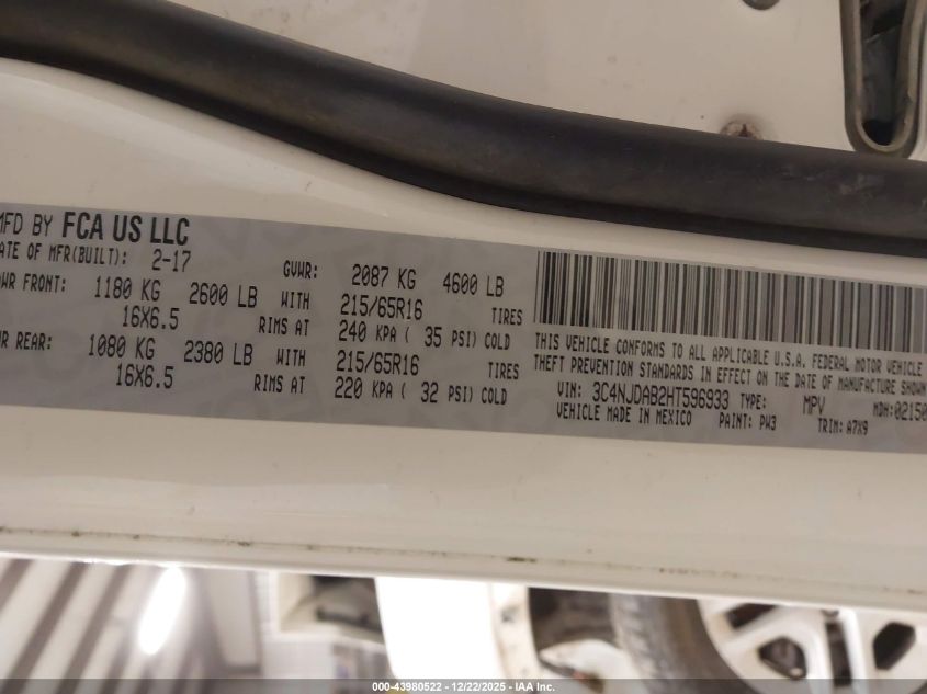 2017 Jeep New Compass Sport 4X4 VIN: 3C4NJDAB2HT596933 Lot: 43980522