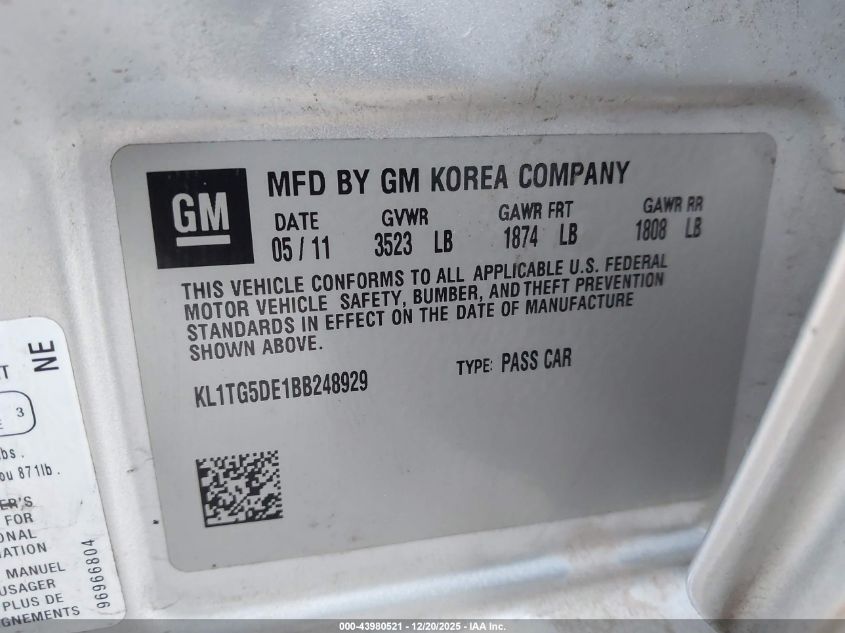 2011 Chevrolet Aveo 2Lt VIN: KL1TG5DE1BB248929 Lot: 43980521