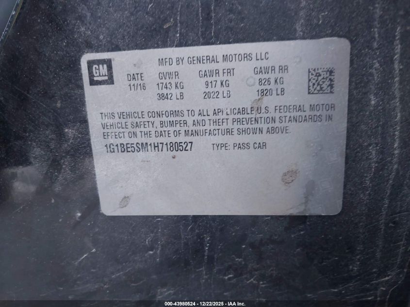 2017 Chevrolet Cruze Lt Auto VIN: 1G1BE5SM1H7180527 Lot: 43980524
