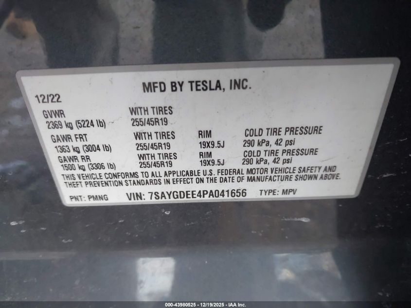 2023 Tesla Model Y Awd/Long Range Dual Motor All-Wheel Drive VIN: 7SAYGDEE4PA041656 Lot: 43980525