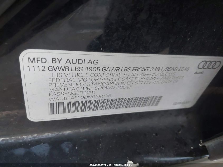 2013 Audi A4 2.0T Premium VIN: WAUBFAFL0DN029938 Lot: 43980527