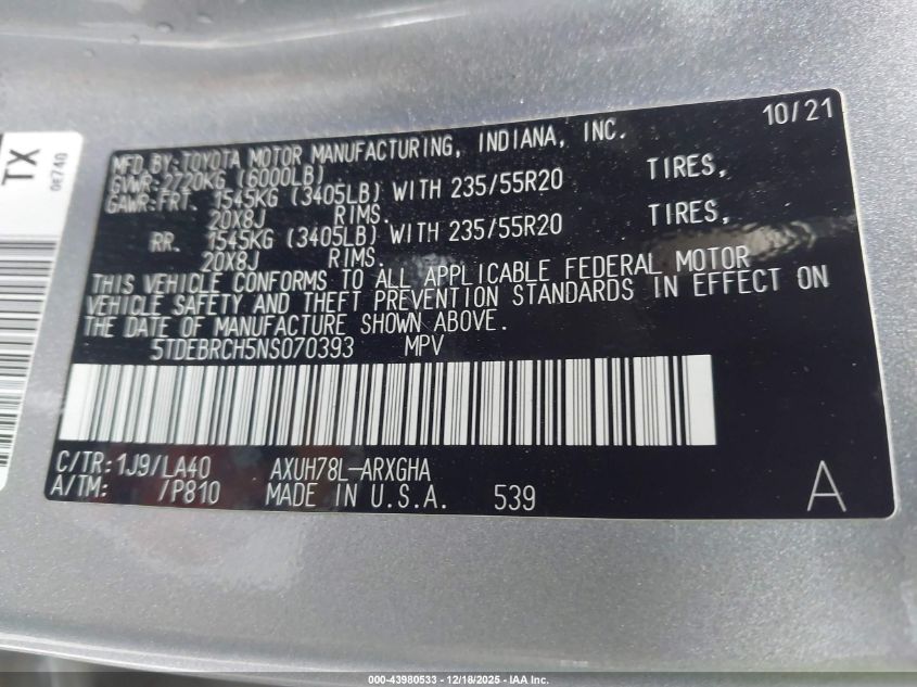 2022 Toyota Highlander Hybrid Platinum VIN: 5TDEBRCH5NS070393 Lot: 43980533