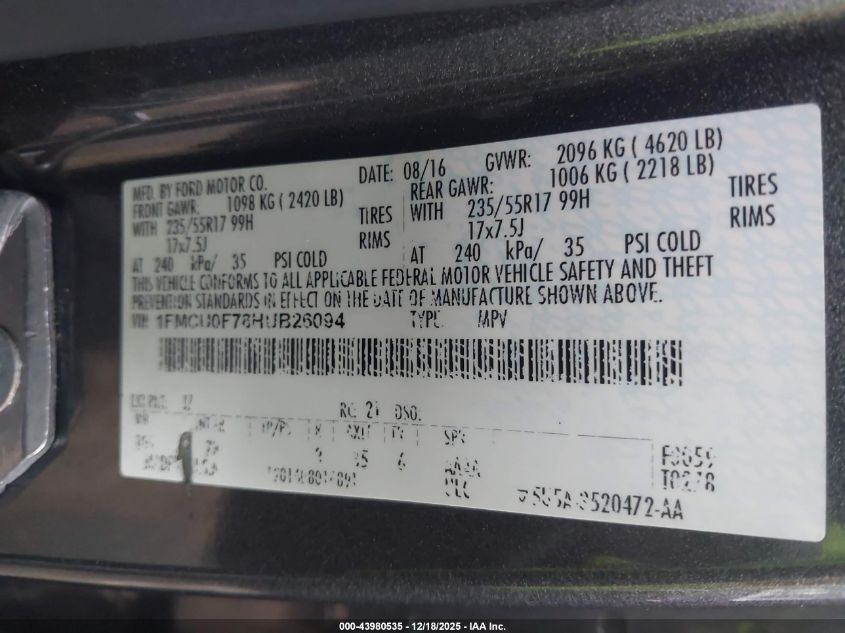 2017 Ford Escape S VIN: 1FMCU0F78HUB26094 Lot: 43980535