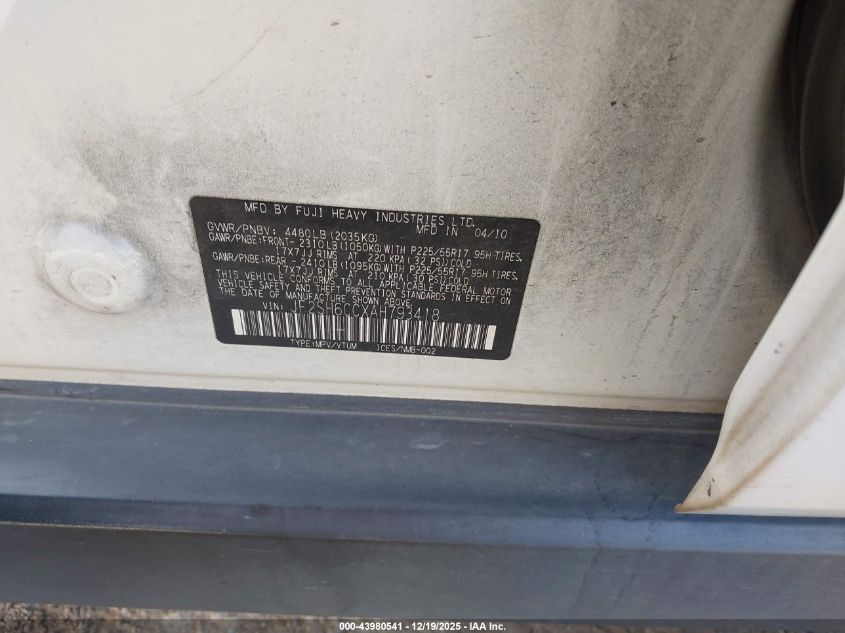 2010 Subaru Forester 2.5X Premium VIN: JF2SH6CCXAH793418 Lot: 43980541