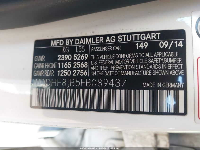 2015 Mercedes-Benz E 350 4Matic VIN: WDDHF8JB5FB089437 Lot: 43980542