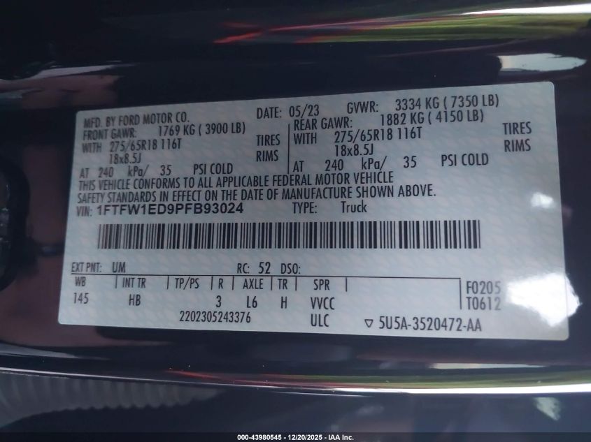 2023 Ford F-150 Lariat VIN: 1FTFW1ED9PFB93024 Lot: 43980545