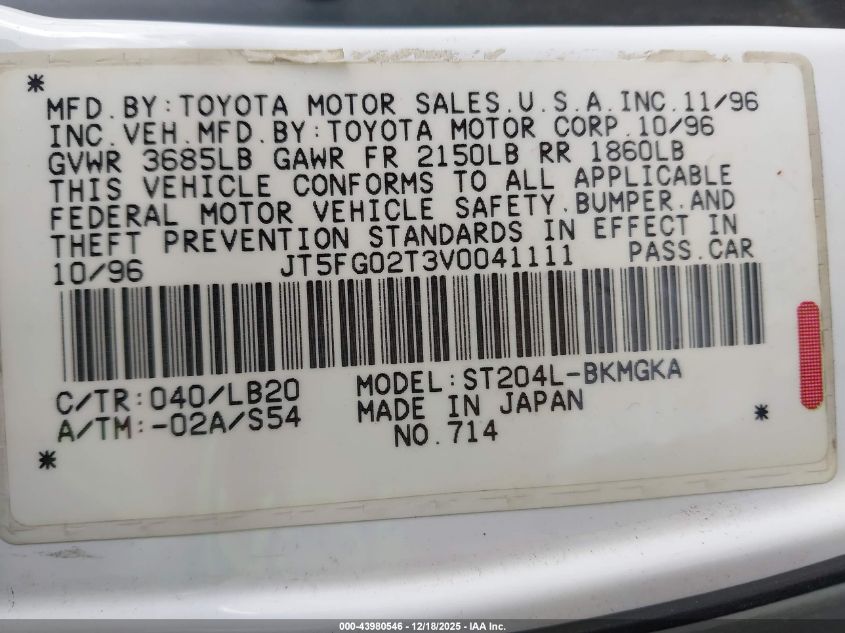 1997 Toyota Celica Gt VIN: JT5FG02T3V0041111 Lot: 43980546