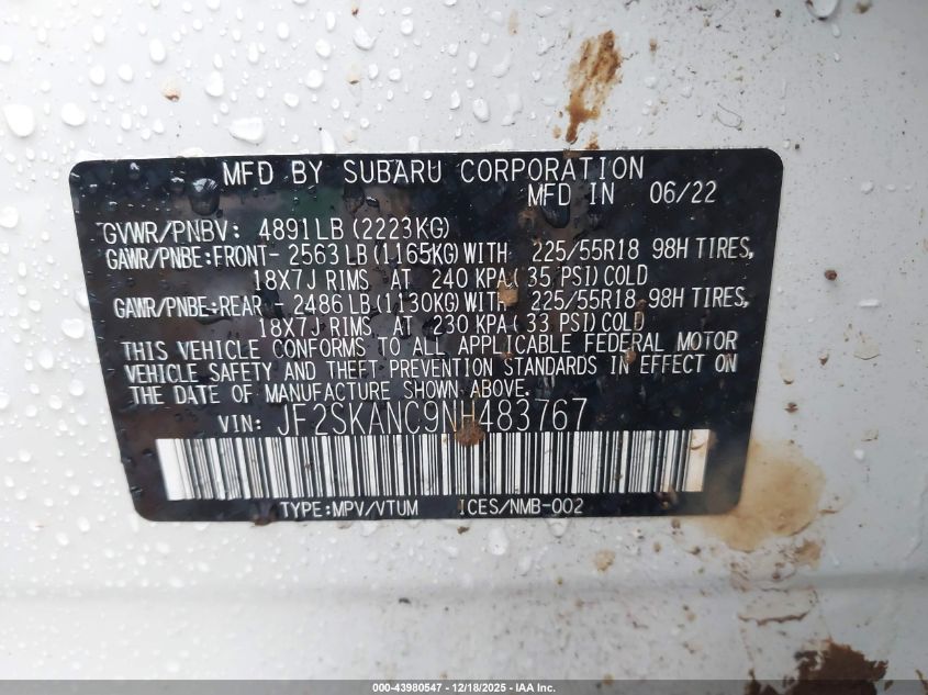 2022 Subaru Forester Limited VIN: JF2SKANC9NH483767 Lot: 43980547