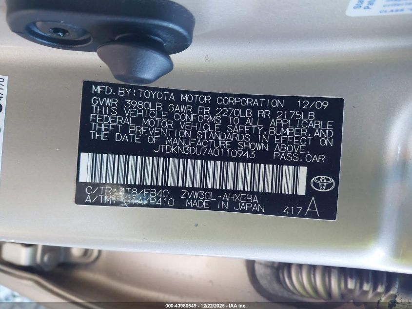 2010 Toyota Prius Ii VIN: JTDKN3DU7A0110943 Lot: 43980549