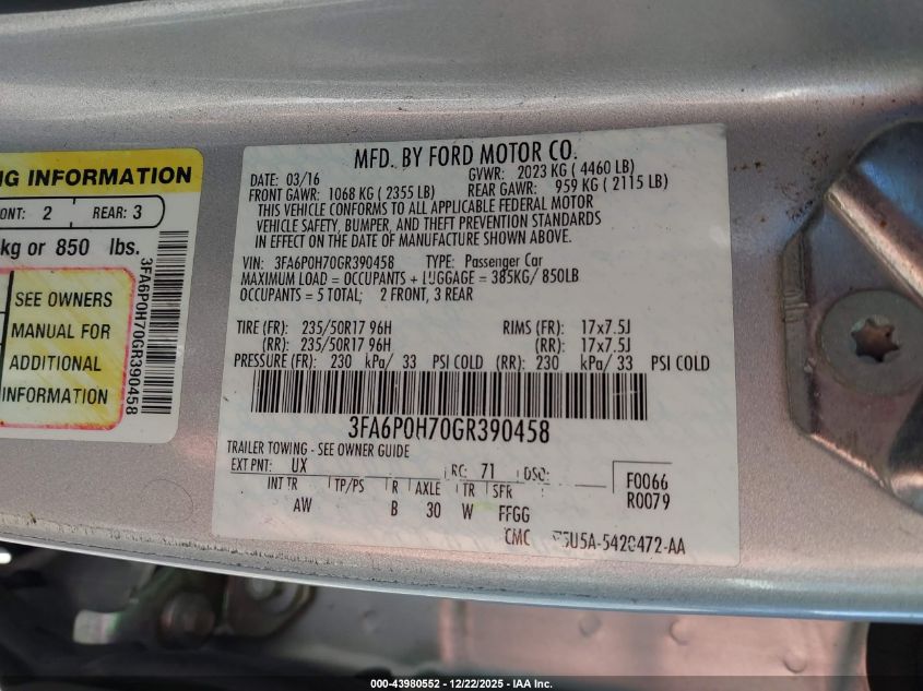 2016 Ford Fusion Se VIN: 3FA6P0H70GR390458 Lot: 43980552