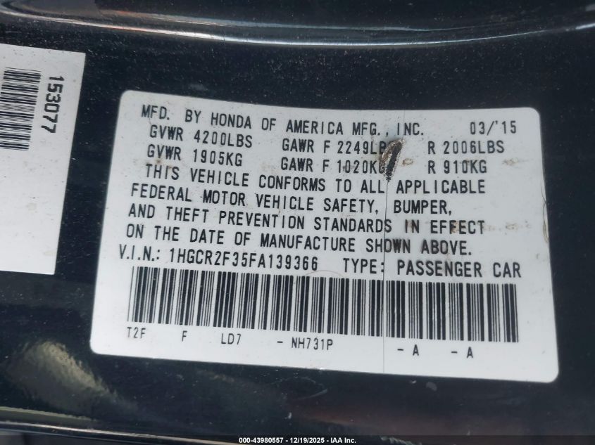 2015 Honda Accord Lx VIN: 1HGCR2F35FA139366 Lot: 43980557