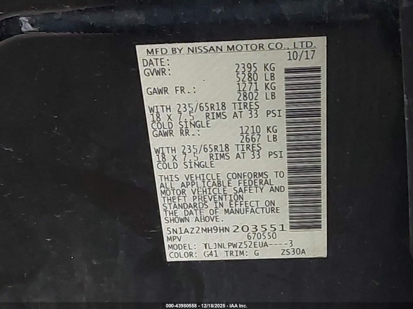 2017 Nissan Murano S VIN: 5N1AZ2MH9HN203551 Lot: 43980558