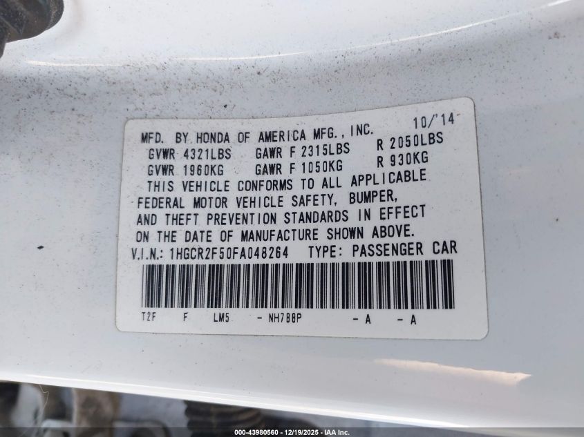 2015 Honda Accord Sport VIN: 1HGCR2F50FA048264 Lot: 43980560