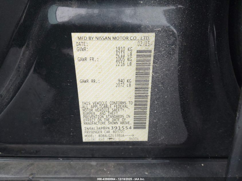 2015 Nissan Altima 2.5 S VIN: 1N4AL3AP8FN391554 Lot: 43980564