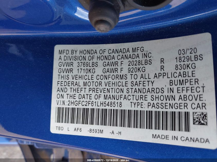 2020 Honda Civic Lx VIN: 2HGFC2F61LH548518 Lot: 43980572
