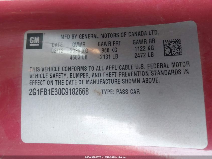 2012 Chevrolet Camaro 1Lt VIN: 2G1FB1E30C9182668 Lot: 43980575