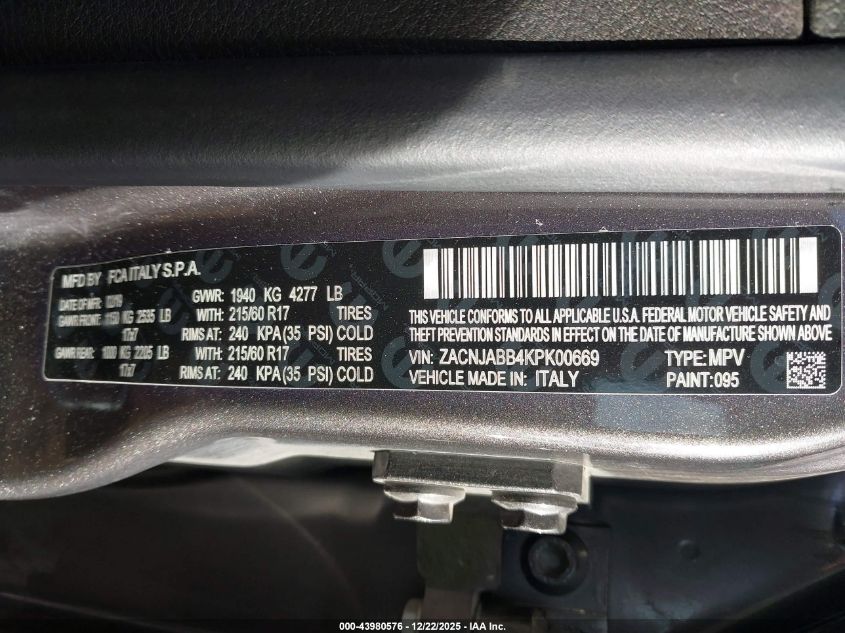 2019 Jeep Renegade Latitude Fwd VIN: ZACNJABB4KPK00669 Lot: 43980576